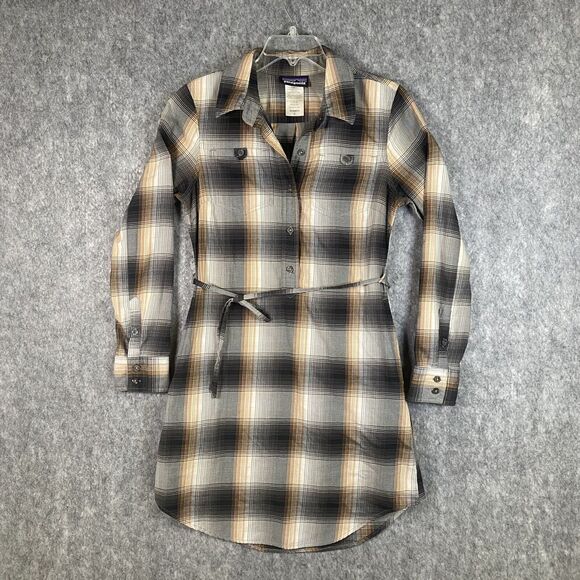Patagonia Dresses & Skirts - Patagonia Women's Black Plaid Long Sleeve Featherstone Tie Back Shirt Dress Sz 0